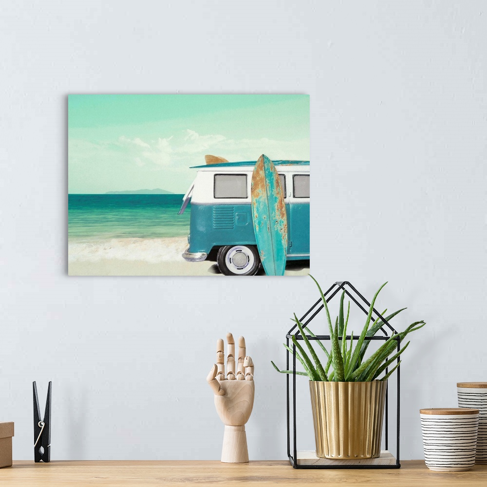 A bohemian room featuring Beach themed decor with an illustration of a white and blue vintage VW van with a surf board lean...