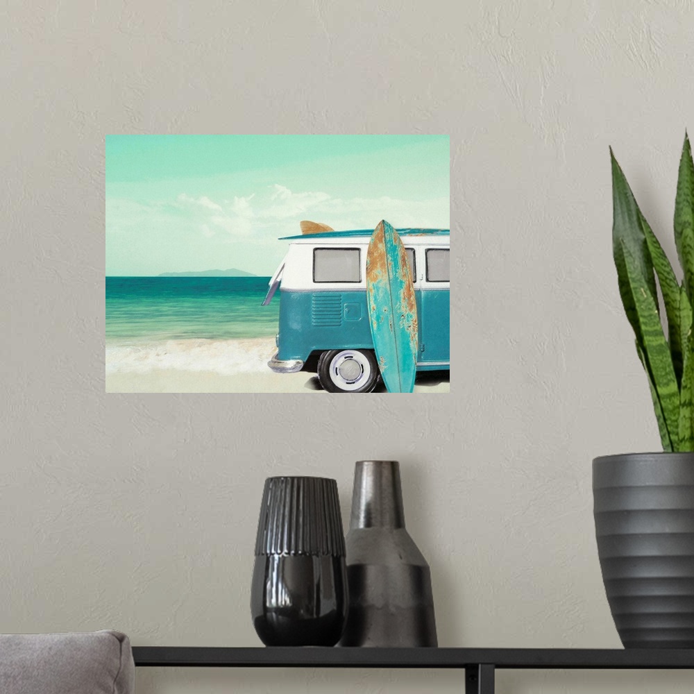 A modern room featuring Beach themed decor with an illustration of a white and blue vintage VW van with a surf board lean...