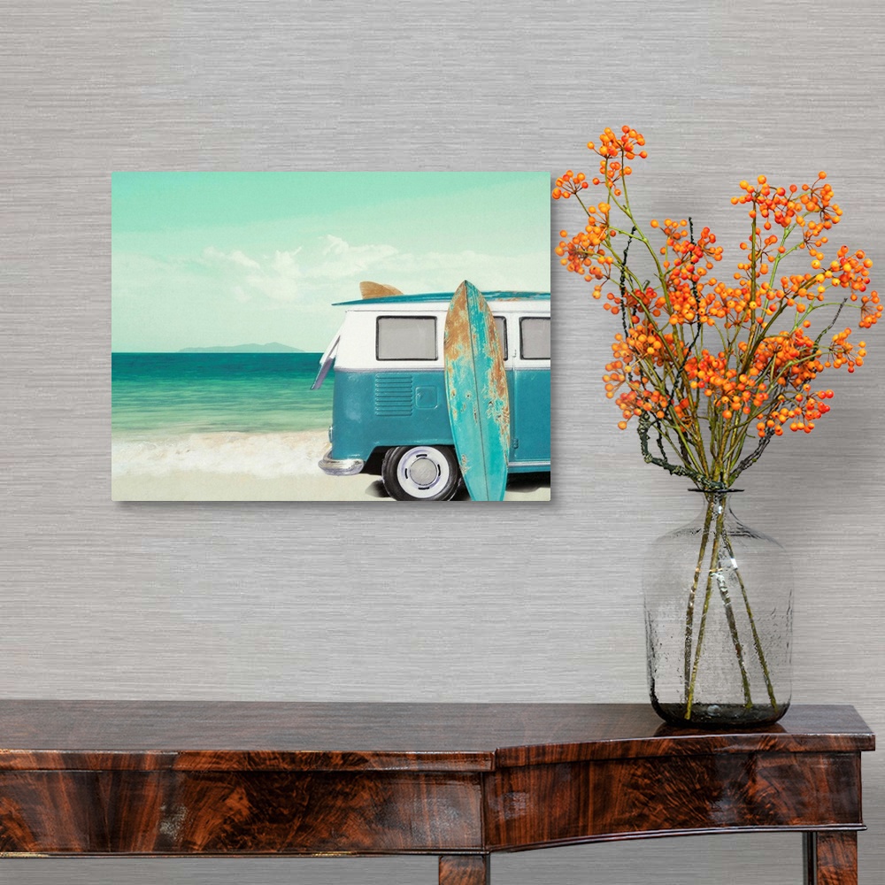 A traditional room featuring Beach themed decor with an illustration of a white and blue vintage VW van with a surf board lean...