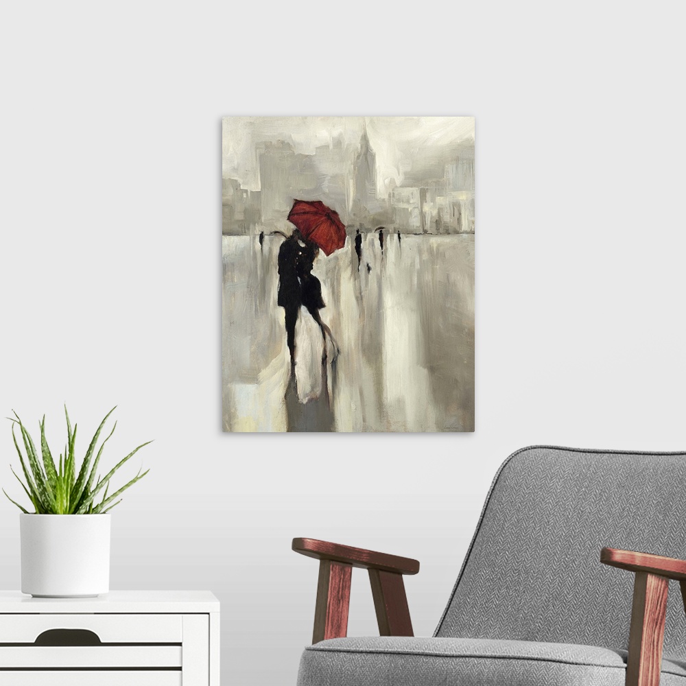 A modern room featuring Contemporary home decor painting of a silhouetted people under a red umbrella in a loving embrace.