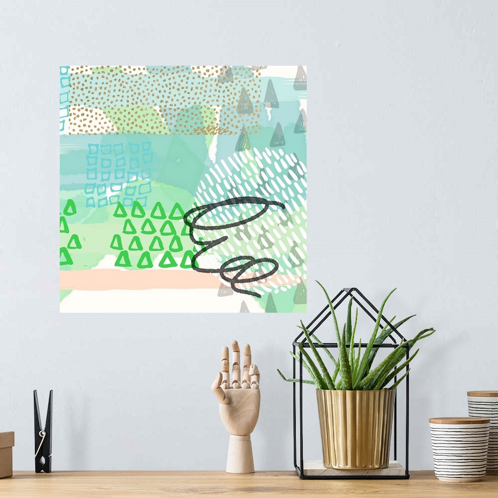A bohemian room featuring Abstract artwork in tropical shades of teal, green, and peach, with triangular shapes and a black...