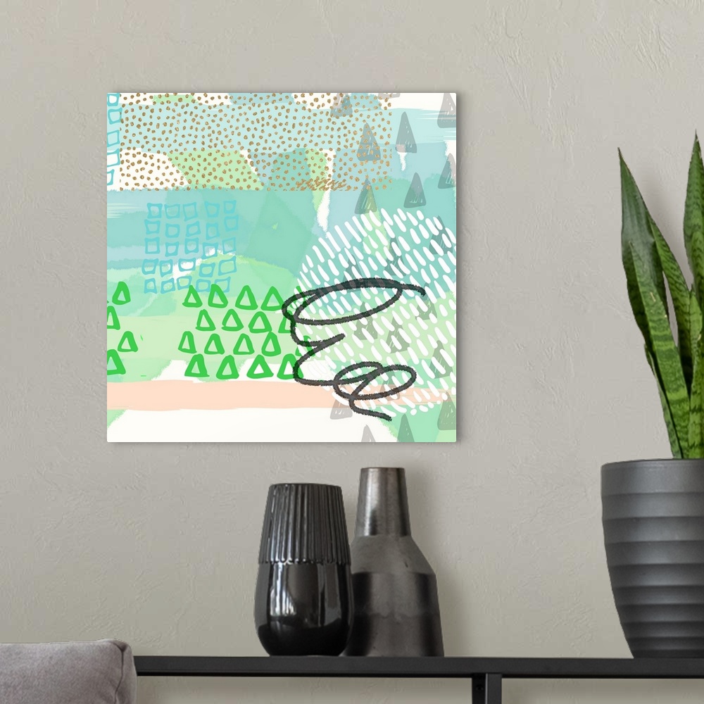 A modern room featuring Abstract artwork in tropical shades of teal, green, and peach, with triangular shapes and a black...