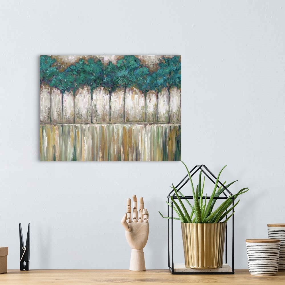A bohemian room featuring Contemporary painting of a row of slender trees with leafy branches.