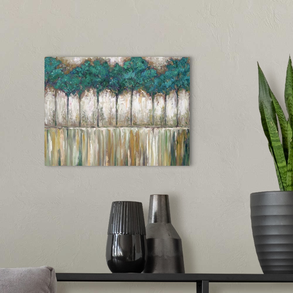 A modern room featuring Contemporary painting of a row of slender trees with leafy branches.