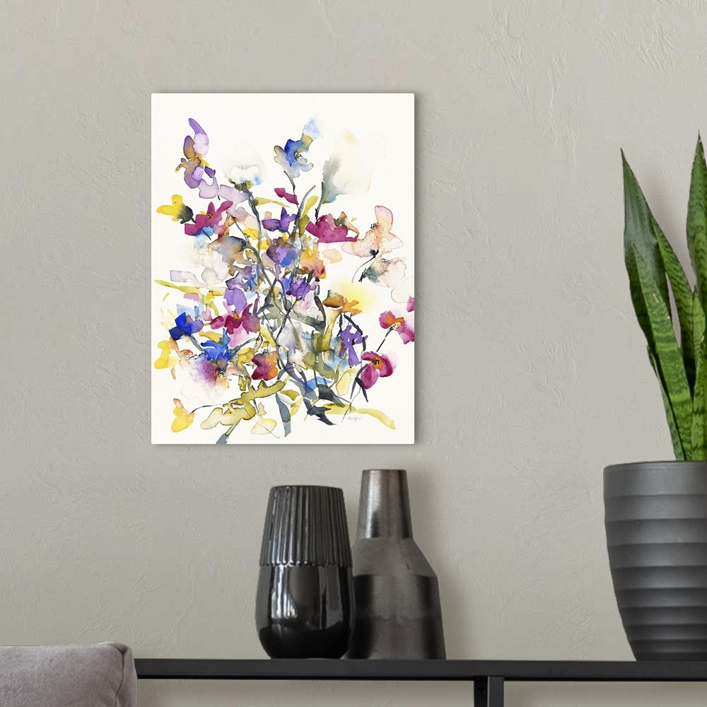 A modern room featuring Contemporary watercolor painting of colorful flowers against a white background.