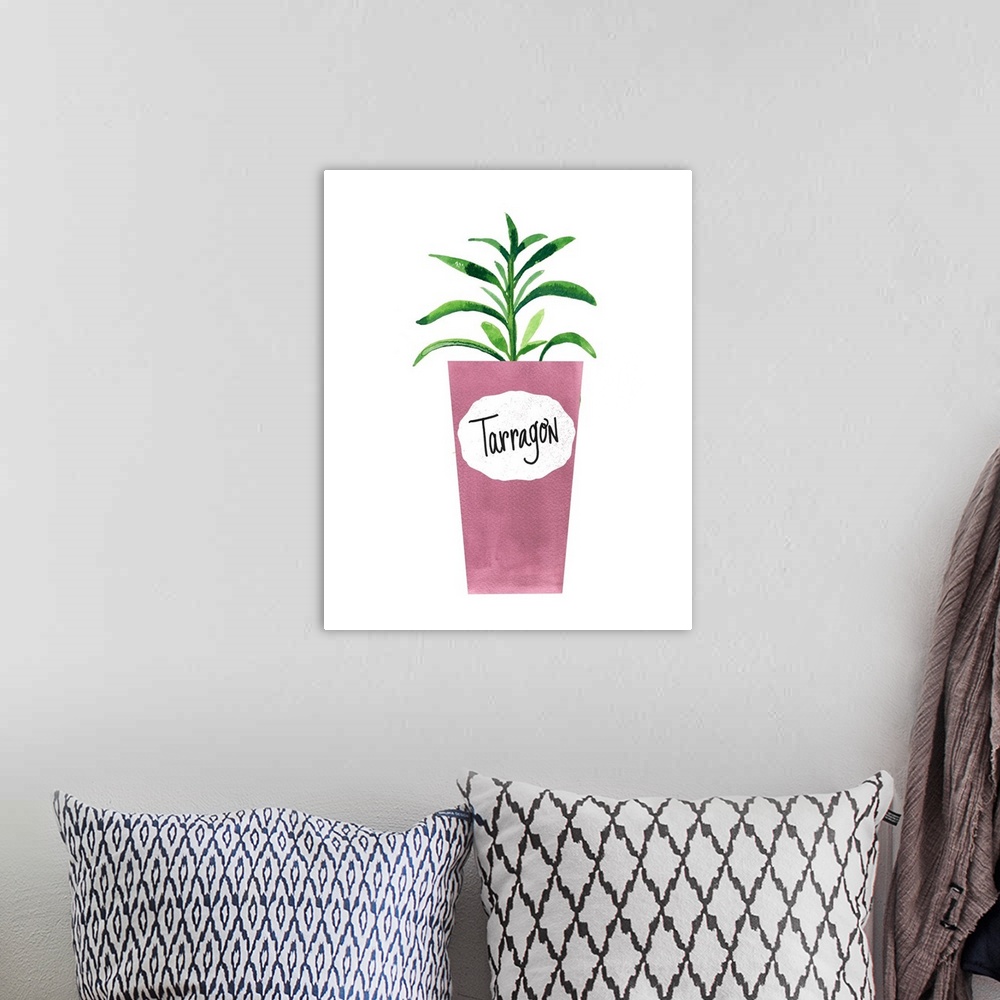 A bohemian room featuring Painting of a potted tarragon plant on a solid white background with a label on the pink pot.