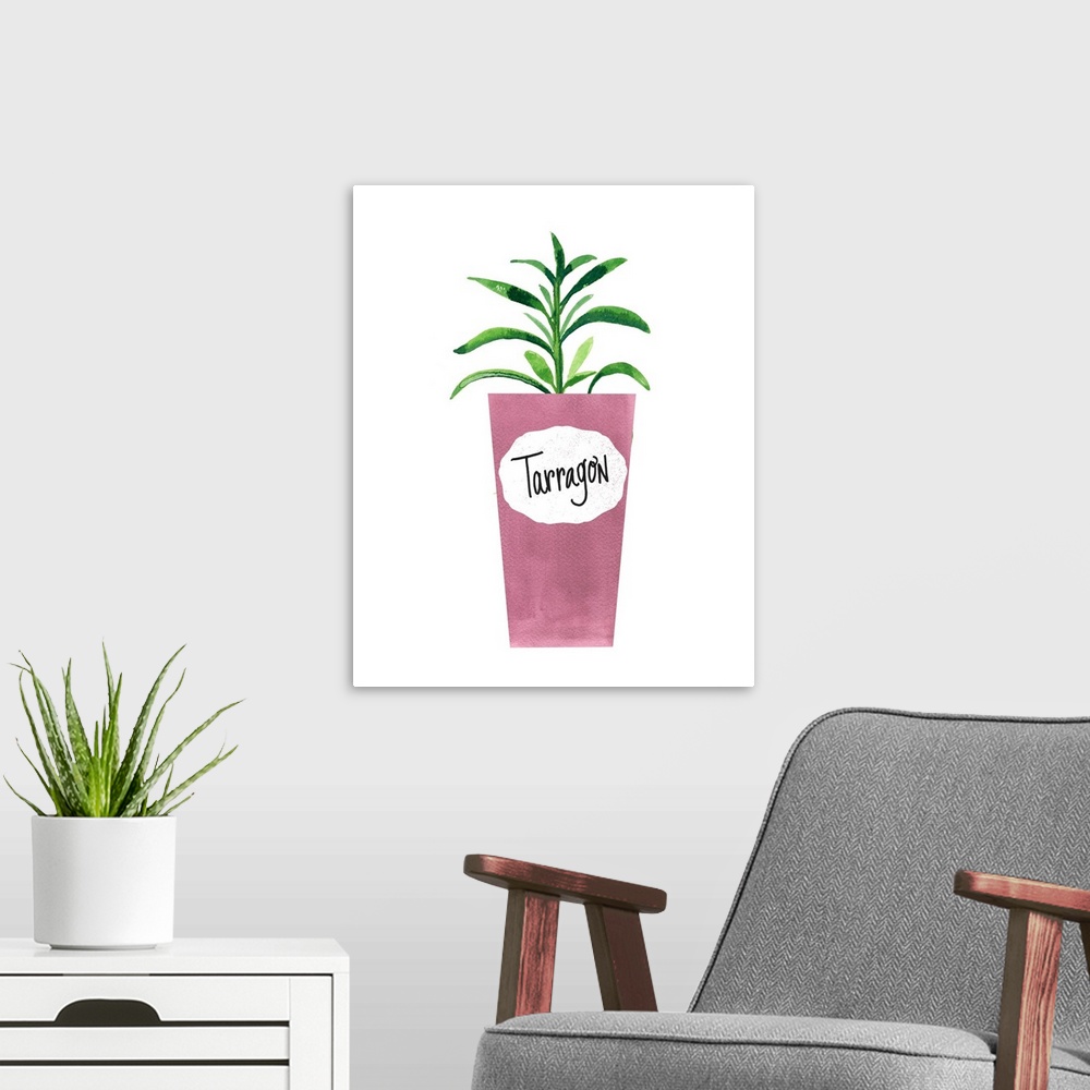 A modern room featuring Painting of a potted tarragon plant on a solid white background with a label on the pink pot.