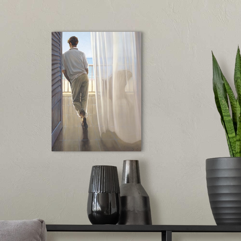A modern room featuring Contemporary painting of man standing on a terrace overlooking a beach.