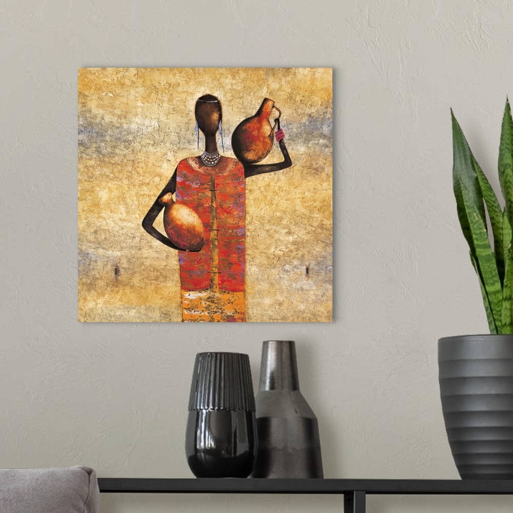 A modern room featuring Contemporary painting of a tribal woman holding water jugs.