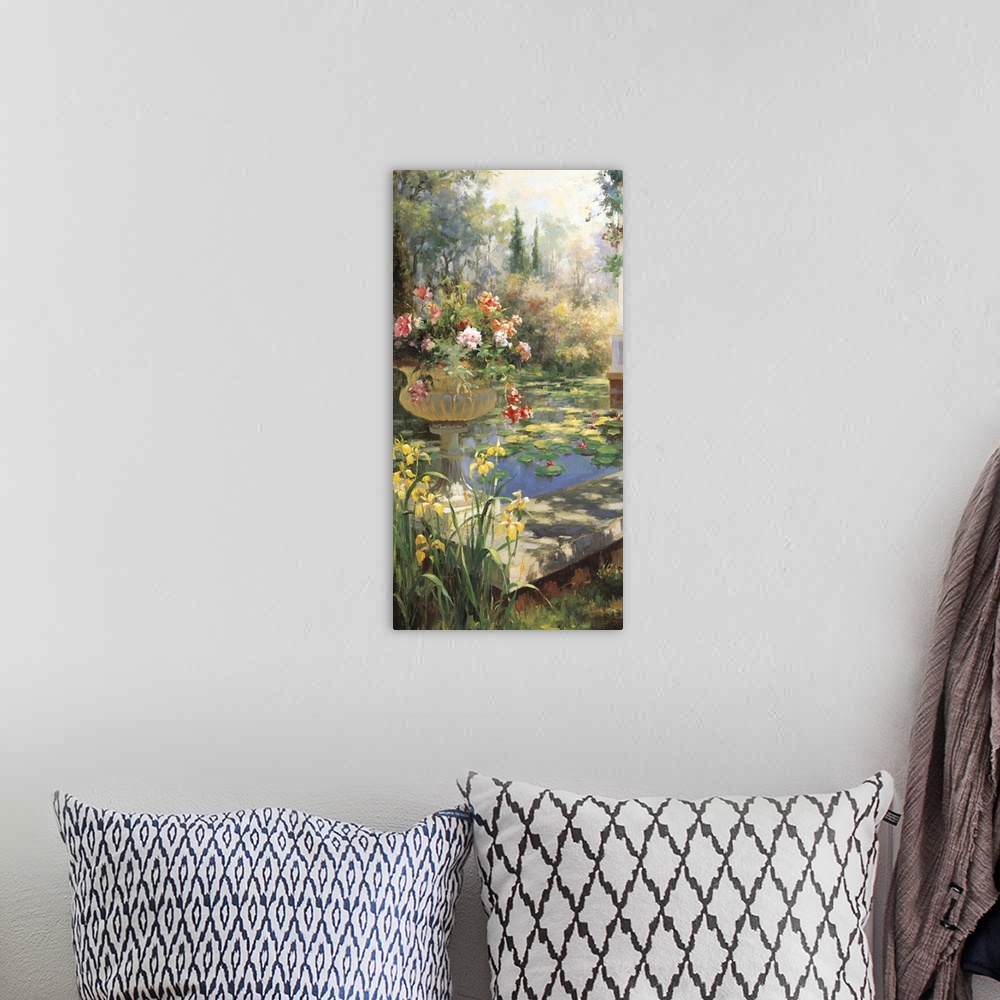 A bohemian room featuring Painting of a pond in a garden with an urn full of flowers.