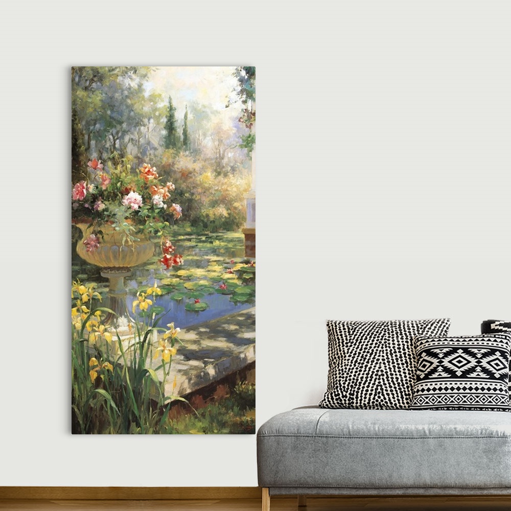 A bohemian room featuring Painting of a pond in a garden with an urn full of flowers.