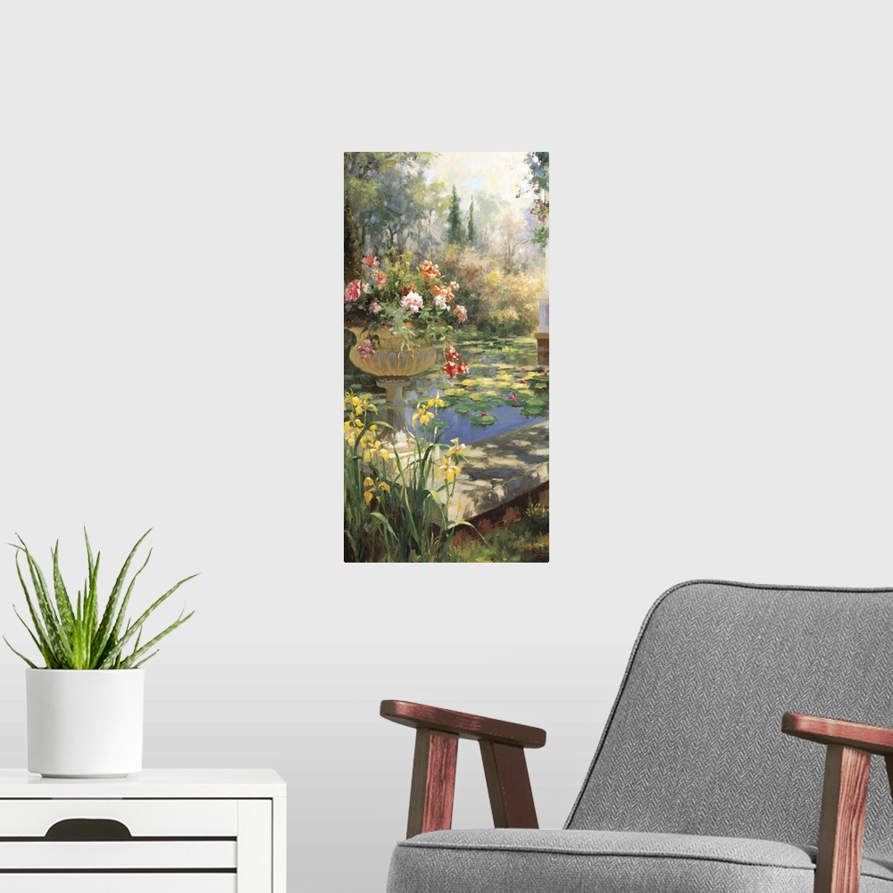 A modern room featuring Painting of a pond in a garden with an urn full of flowers.
