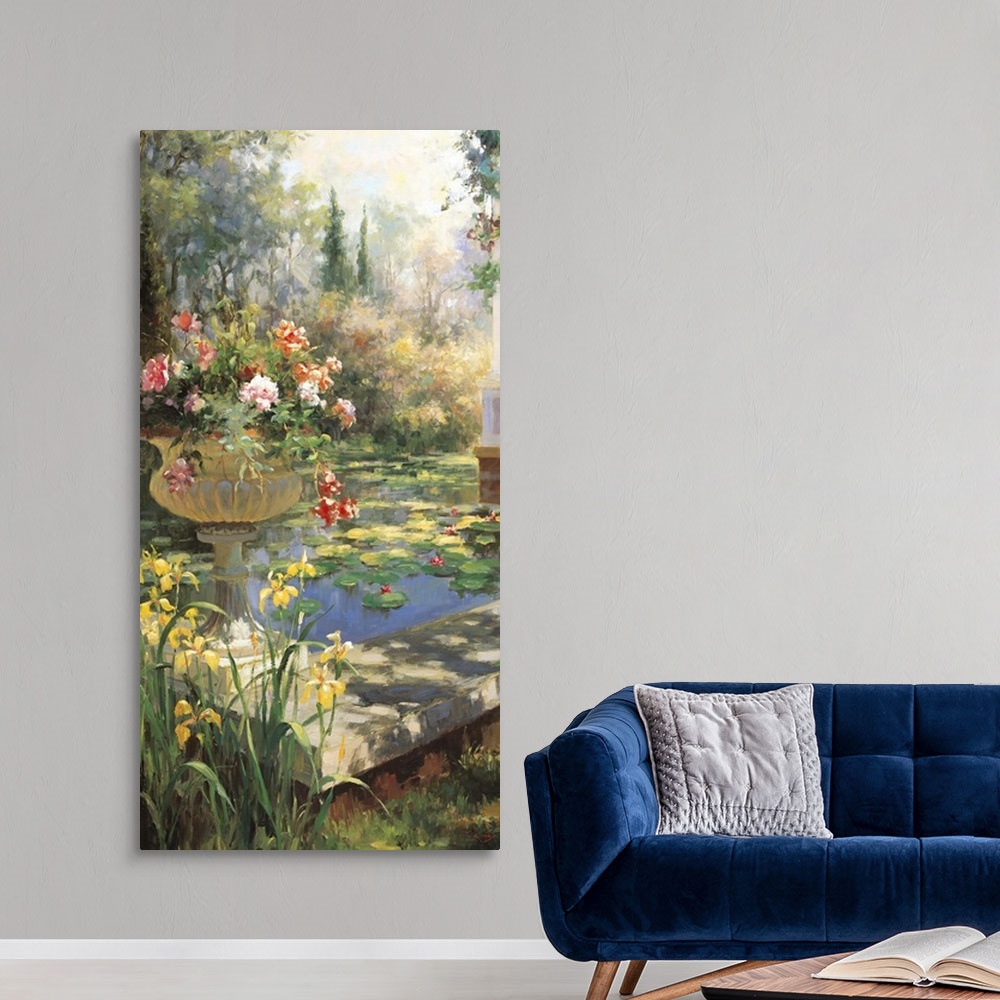 A modern room featuring Painting of a pond in a garden with an urn full of flowers.