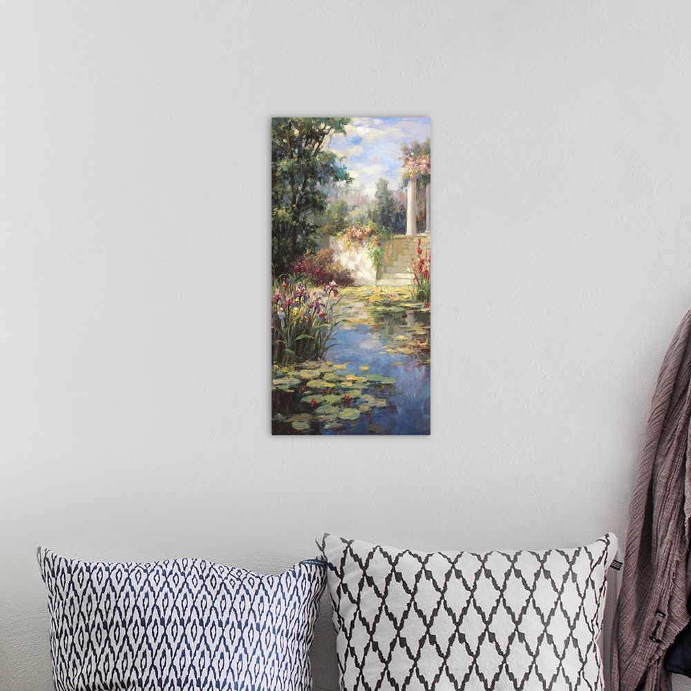 A bohemian room featuring Painting of a pond full of lily pads in a garden.