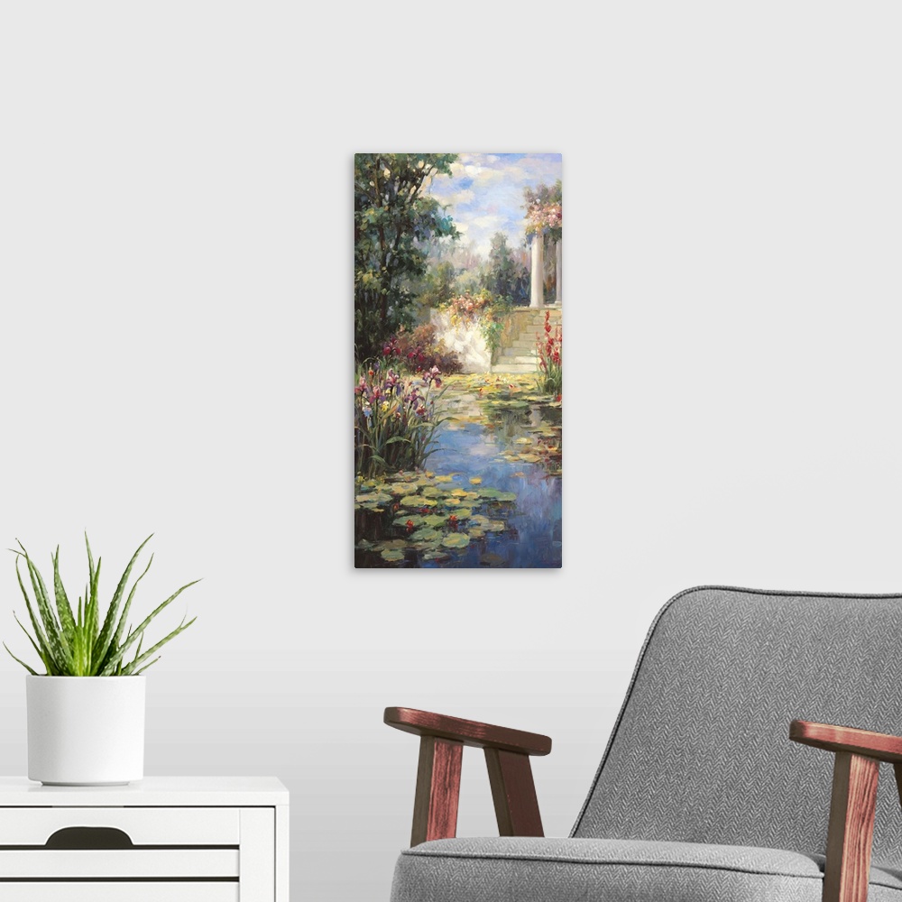 A modern room featuring Painting of a pond full of lily pads in a garden.