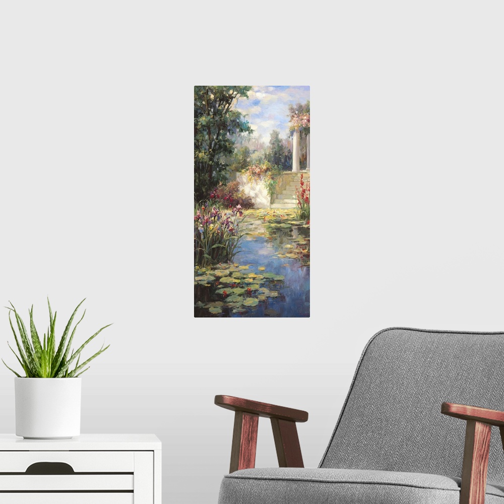 A modern room featuring Painting of a pond full of lily pads in a garden.