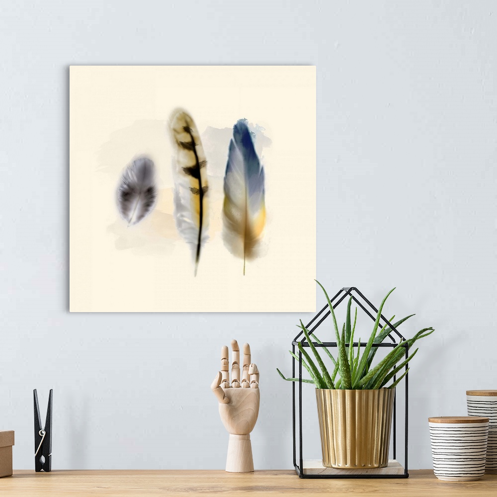 A bohemian room featuring Contemporary watercolor art of vibrant multi-colored feathers.