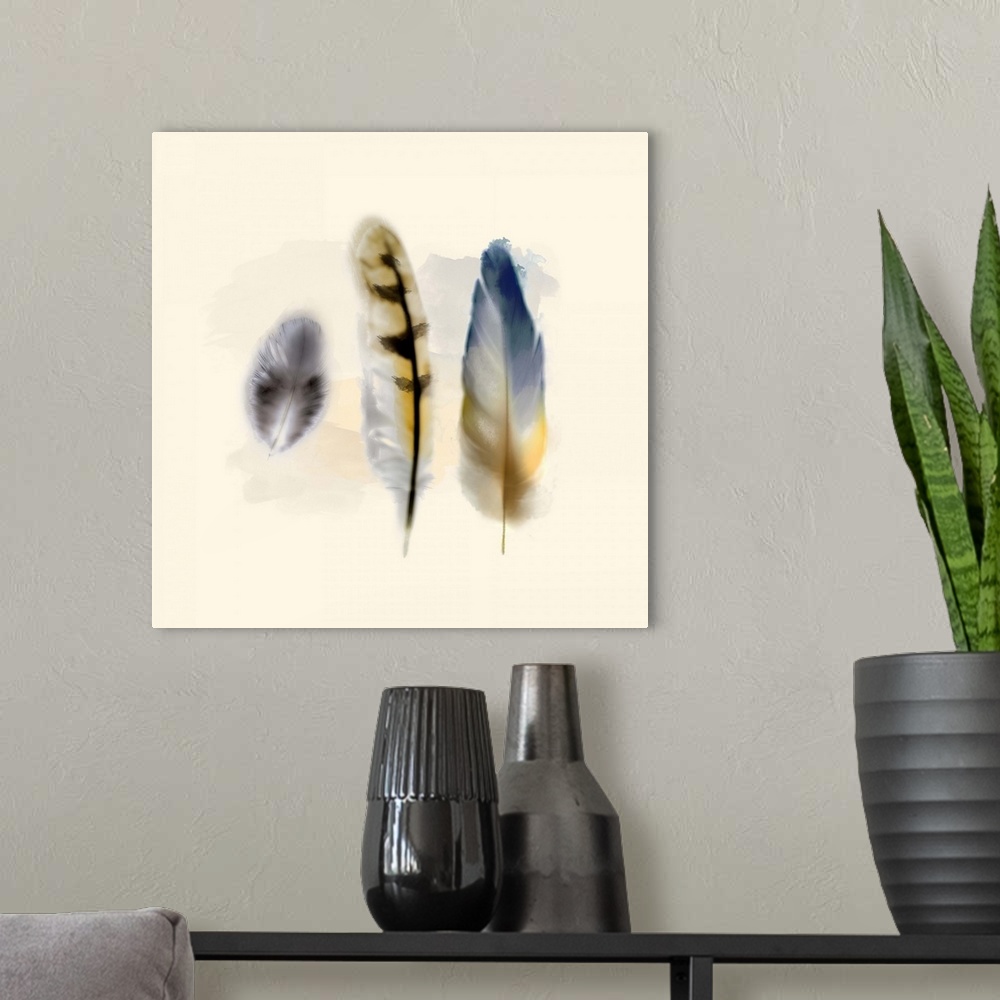 A modern room featuring Contemporary watercolor art of vibrant multi-colored feathers.
