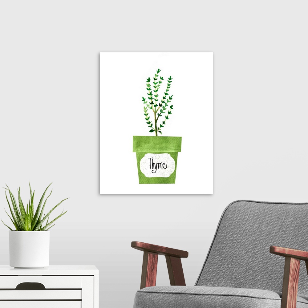 A modern room featuring Painting of a potted thyme plant on a solid white background with a label on the green pot.