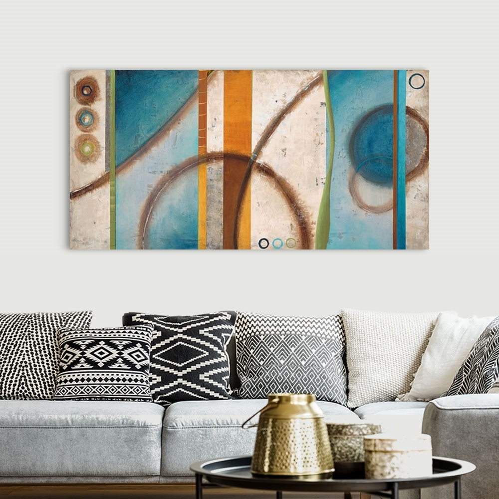 A bohemian room featuring Contemporary abstract home decor artwork using cool tones.