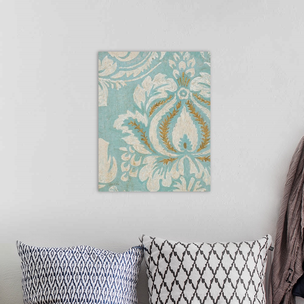 A bohemian room featuring Tiffany Damask
