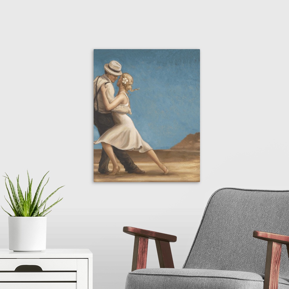 A modern room featuring Contemporary painting of a man and woman dancing together.