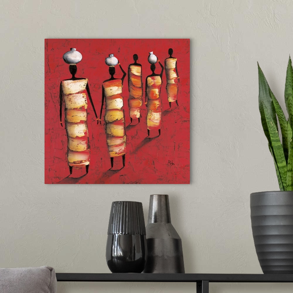 A modern room featuring Contemporary painting of tribal women with jugs on their heads against a red background.