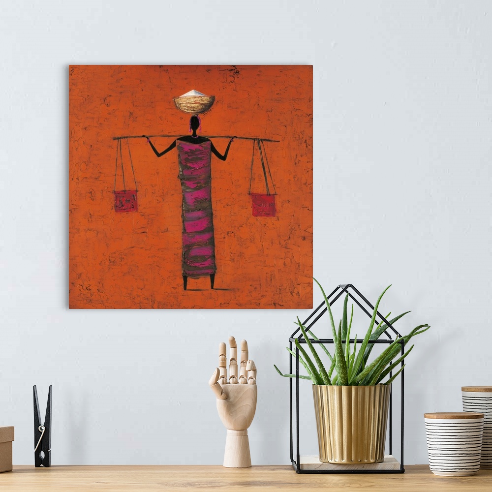 A bohemian room featuring Contemporary painting of tribal figure carrying food and supplies.