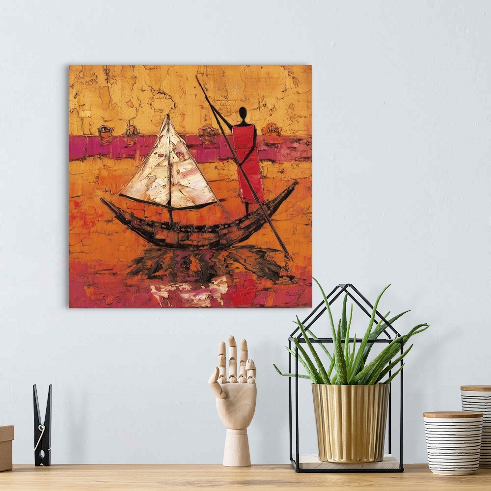 A bohemian room featuring Contemporary painting of a tribal figure standing on a boat casting a reflection in the water.