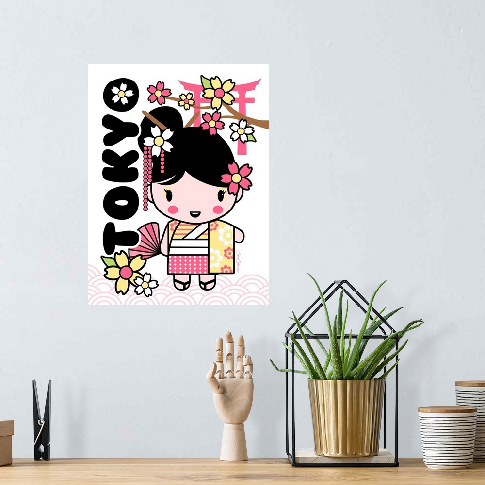 A bohemian room featuring Cute eastern art style girl wearing kimono and holding fan.
