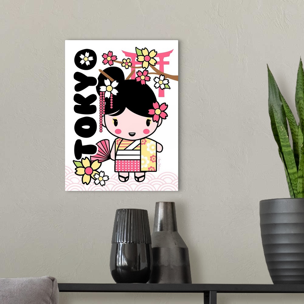 A modern room featuring Cute eastern art style girl wearing kimono and holding fan.