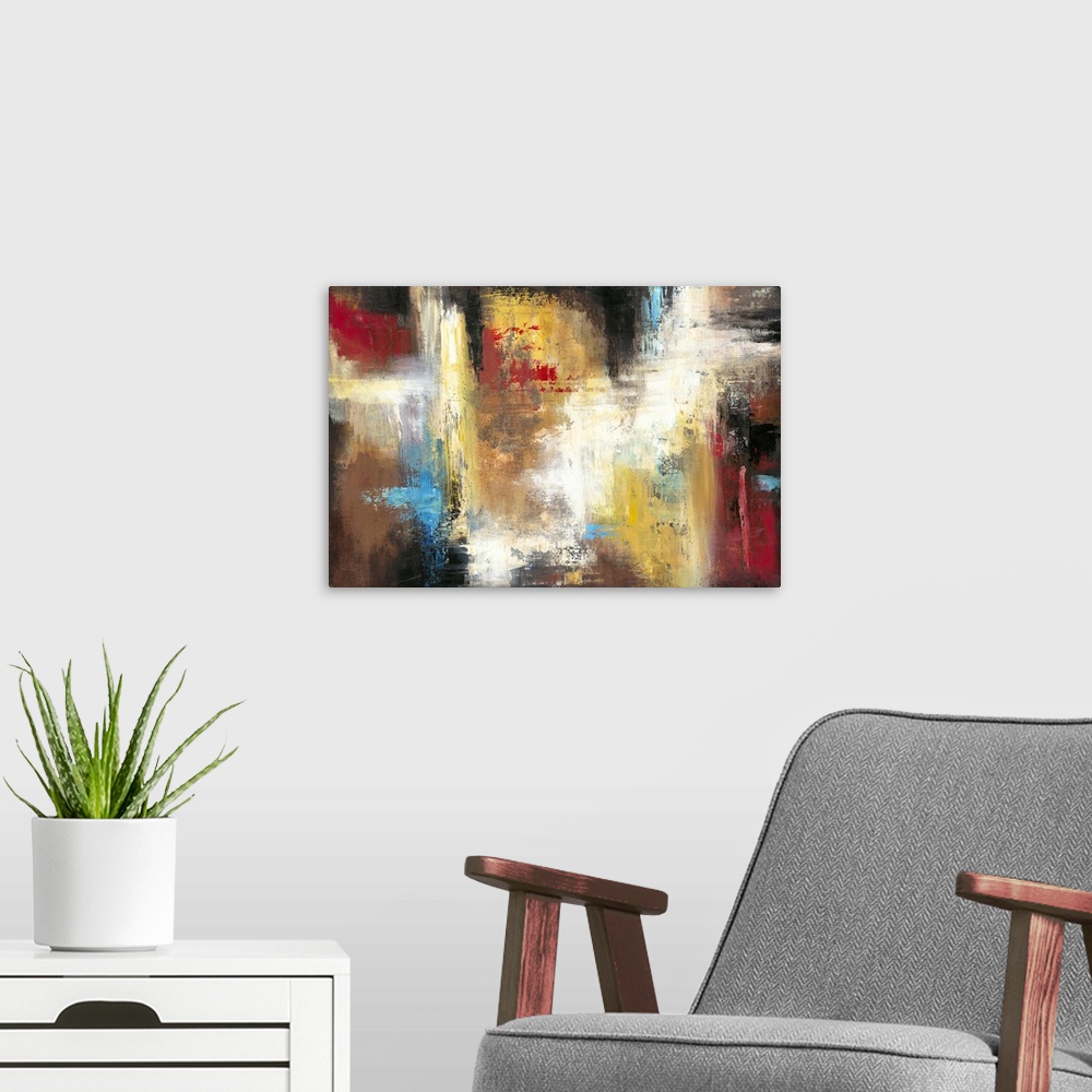 A modern room featuring Contemporary abstract painting using a variety of colors in smearing and striking motions.