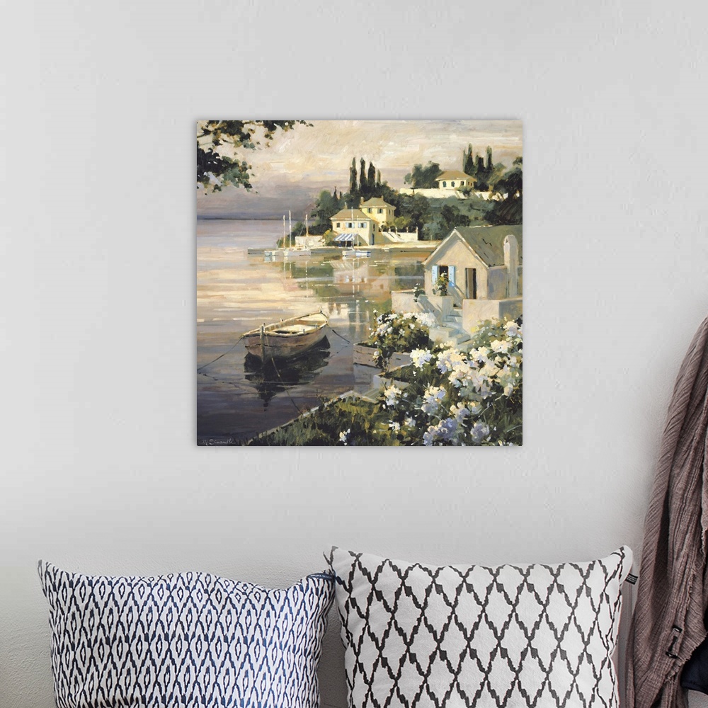 A bohemian room featuring Contemporary painting of a small village harbor, with a white rowboat anchored near the shore.