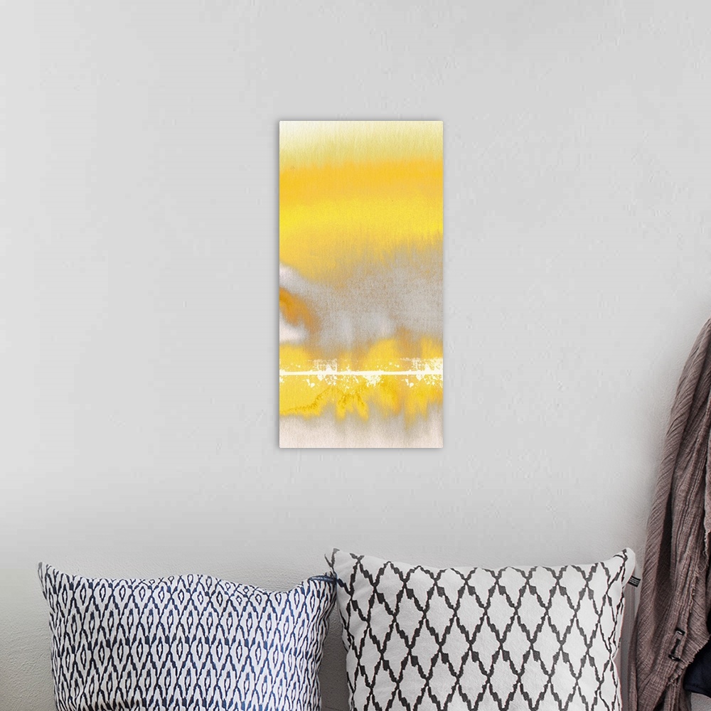 A bohemian room featuring Contemporary abstract artwork using bright yellow against beige tones.