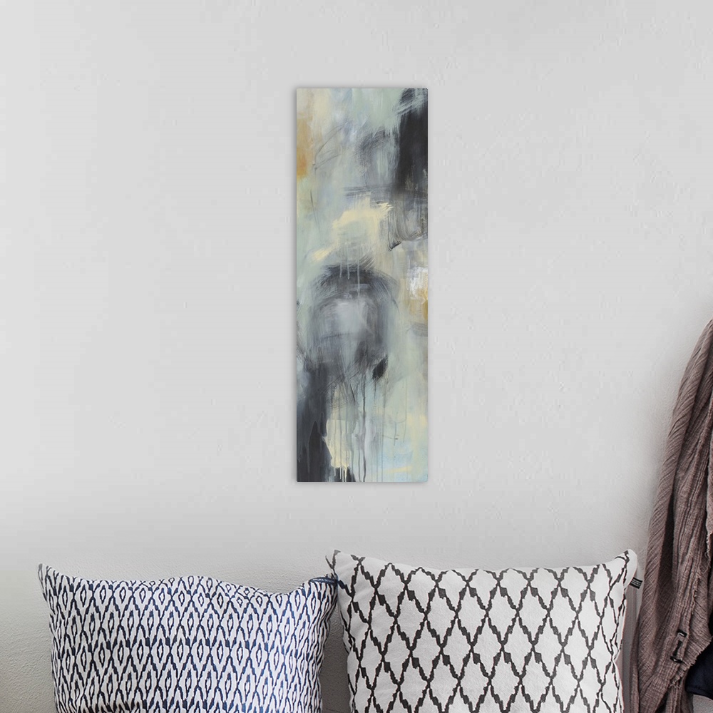 A bohemian room featuring Contemporary abstract painting using neutral tones and hints of color.