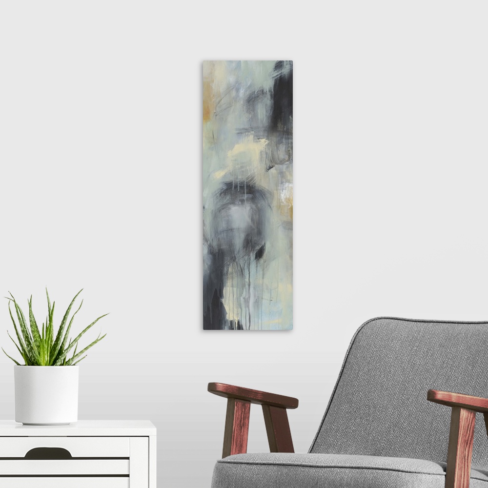 A modern room featuring Contemporary abstract painting using neutral tones and hints of color.
