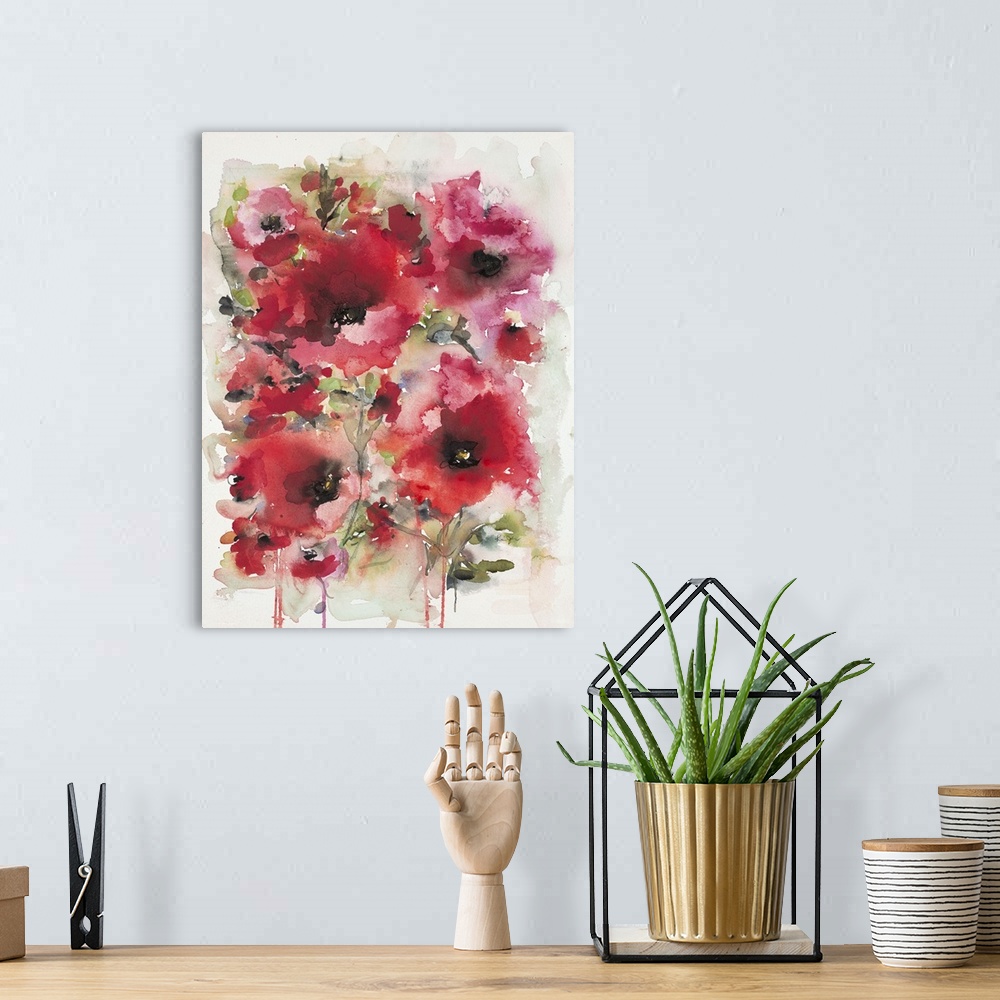 A bohemian room featuring Contemporary artwork of watercolor painted red poppies.