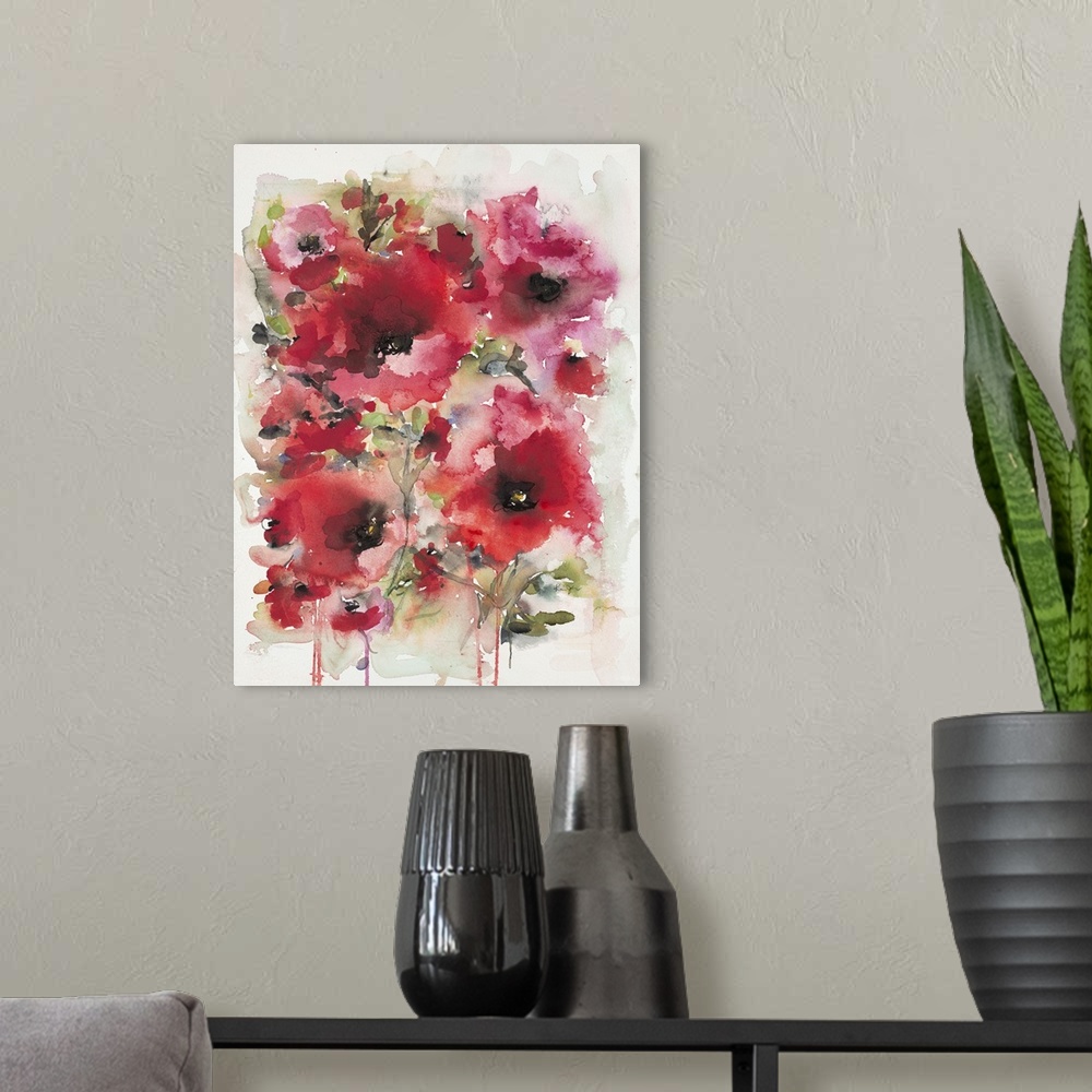 A modern room featuring Contemporary artwork of watercolor painted red poppies.