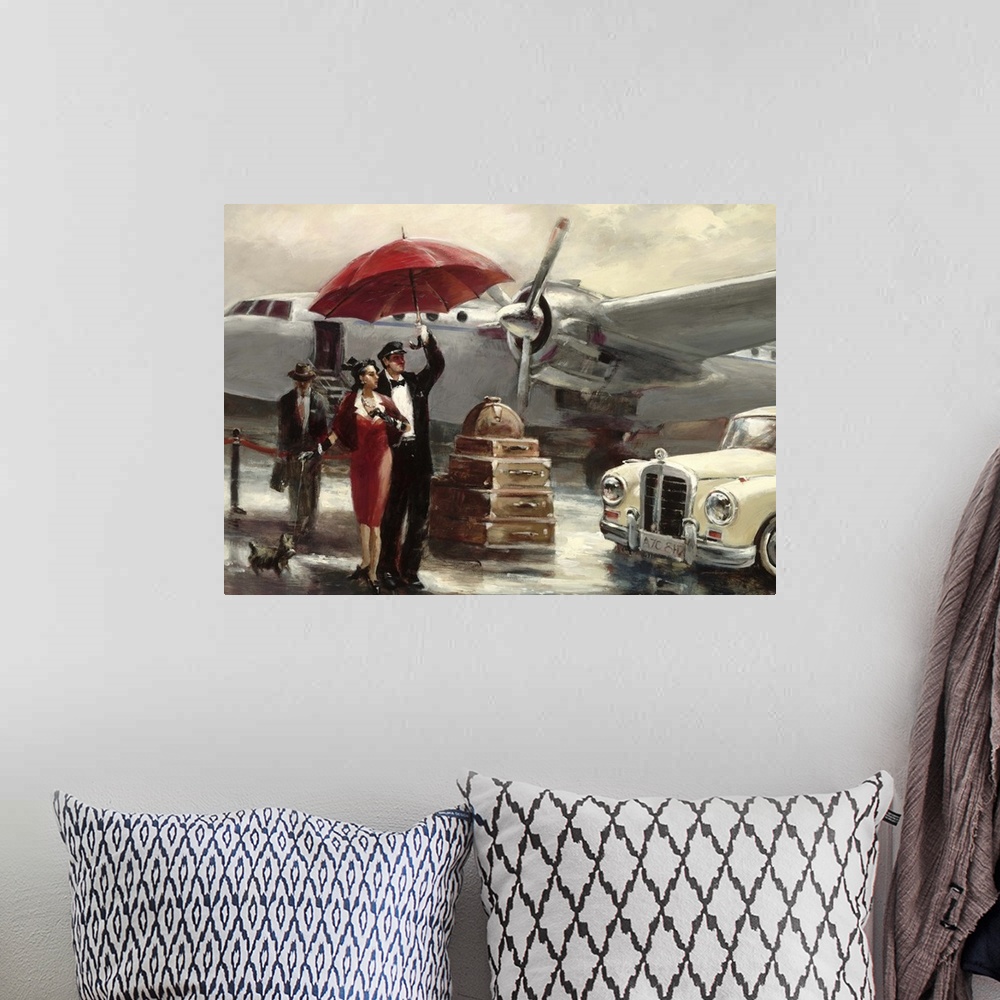 A bohemian room featuring Contemporary painting of a woman in red disembarking from an airplane.