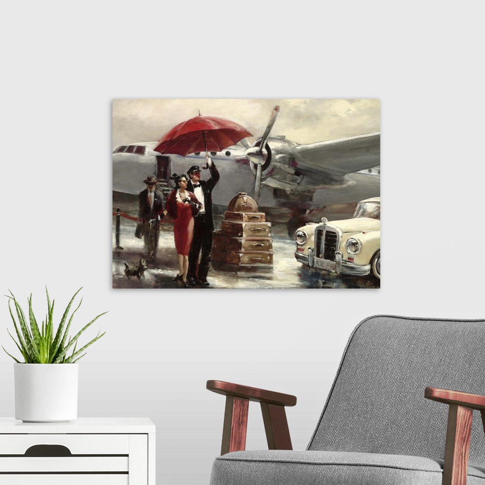 A modern room featuring Contemporary painting of a woman in red disembarking from an airplane.