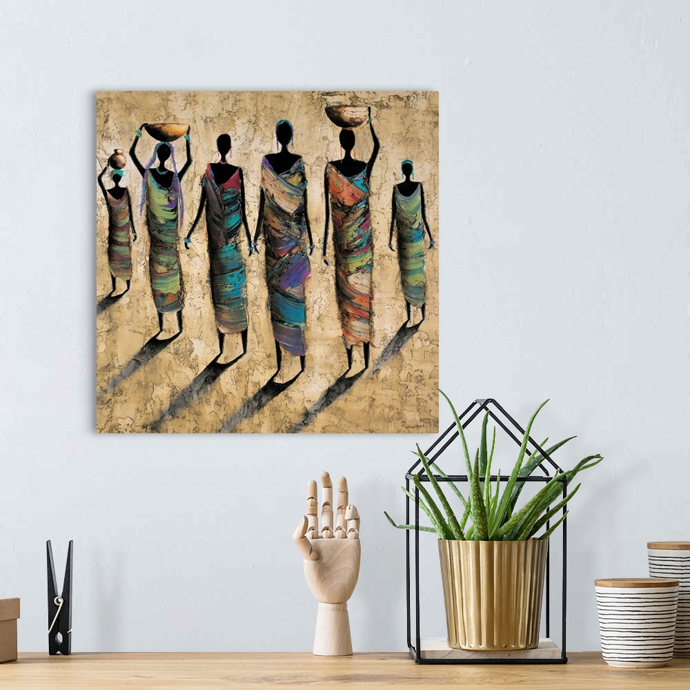 A bohemian room featuring Contemporary painting of female tribal figures in colorful clothing casting shadows on the ground.