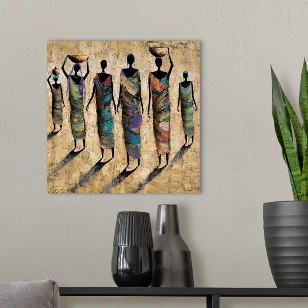 A modern room featuring Contemporary painting of female tribal figures in colorful clothing casting shadows on the ground.