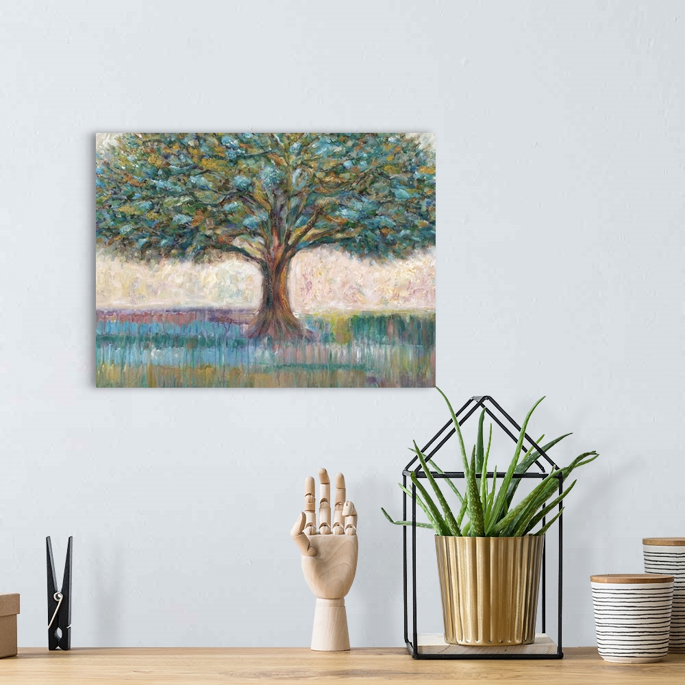 A bohemian room featuring Contemporary artwork of a large tree with leafy branches.