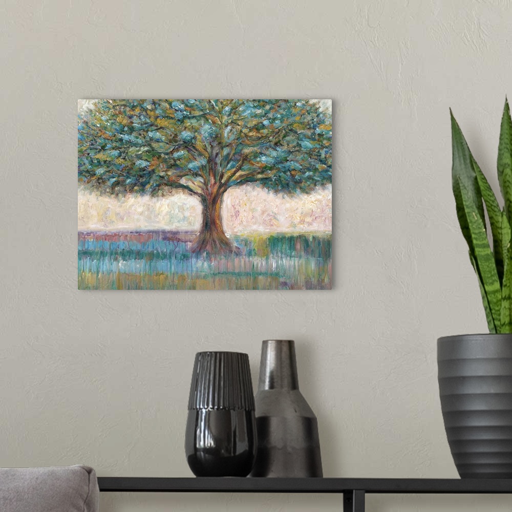 A modern room featuring Contemporary artwork of a large tree with leafy branches.