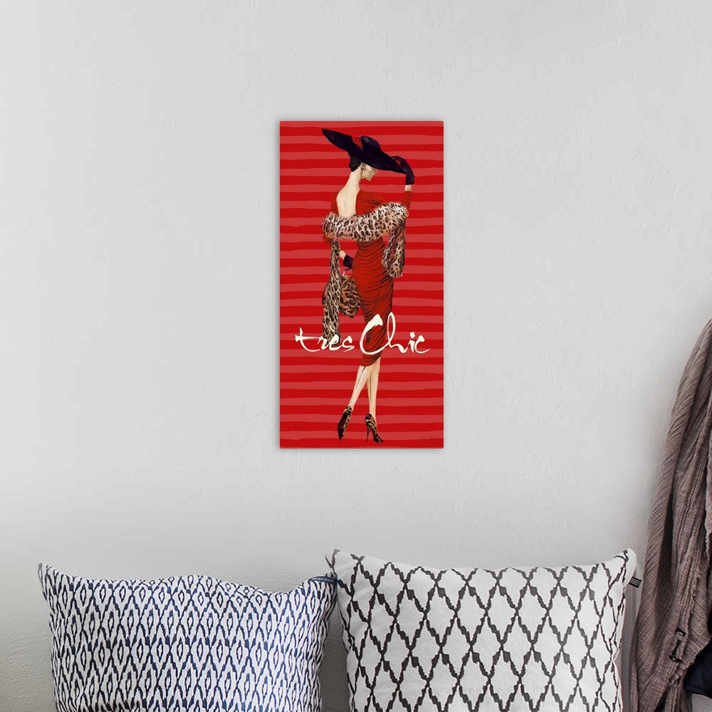 A bohemian room featuring Home decor artwork of a vintage inspired fashion advertisement.