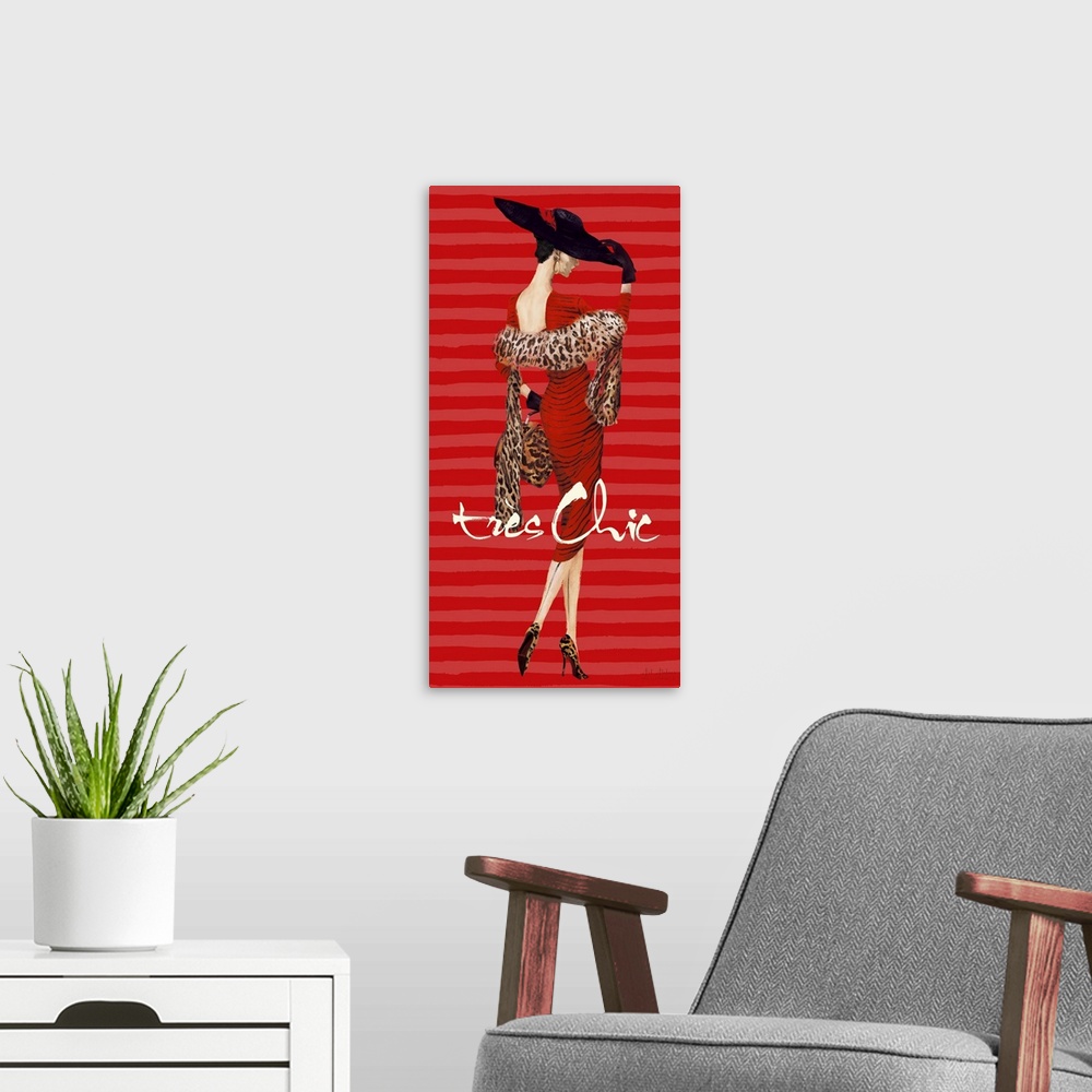 A modern room featuring Home decor artwork of a vintage inspired fashion advertisement.