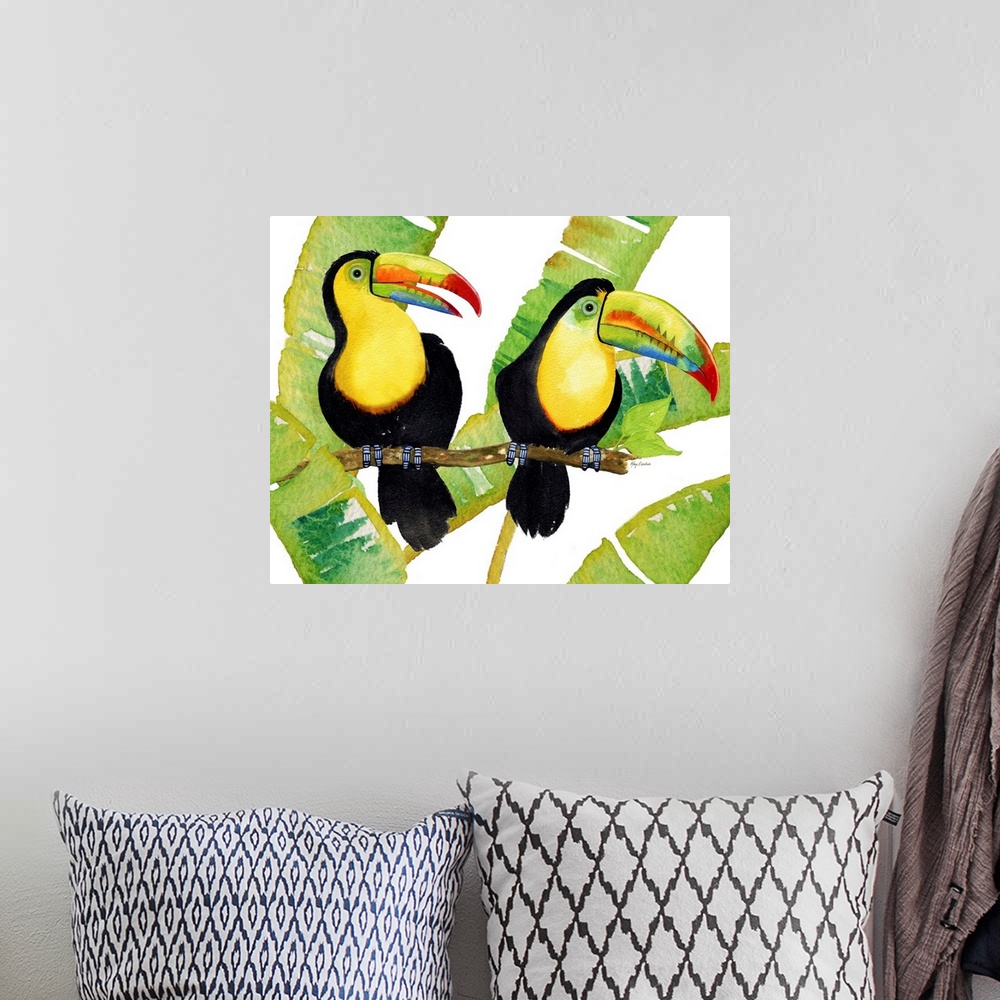 A bohemian room featuring Two keel-billed toucans with large palm leaves.