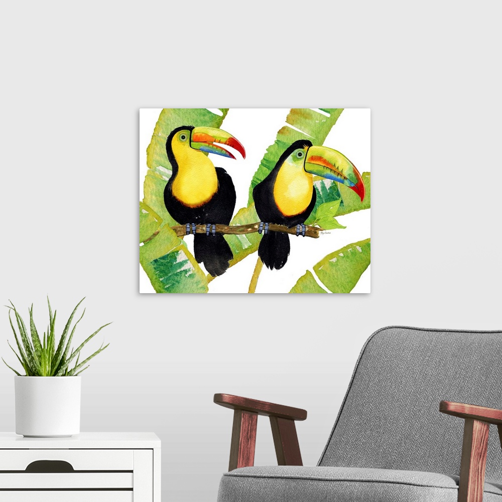 A modern room featuring Two keel-billed toucans with large palm leaves.