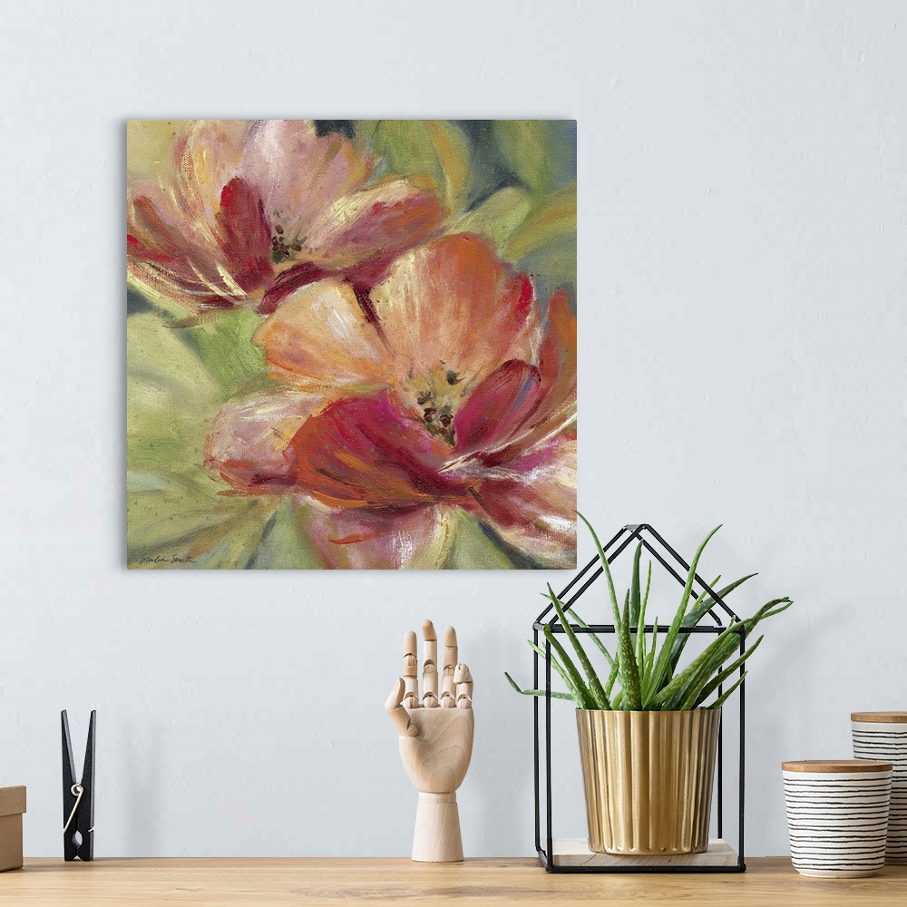 A bohemian room featuring Painting of a brightly colored tropical flower.