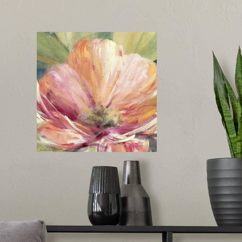 A modern room featuring Painting of a brightly colored tropical flower.